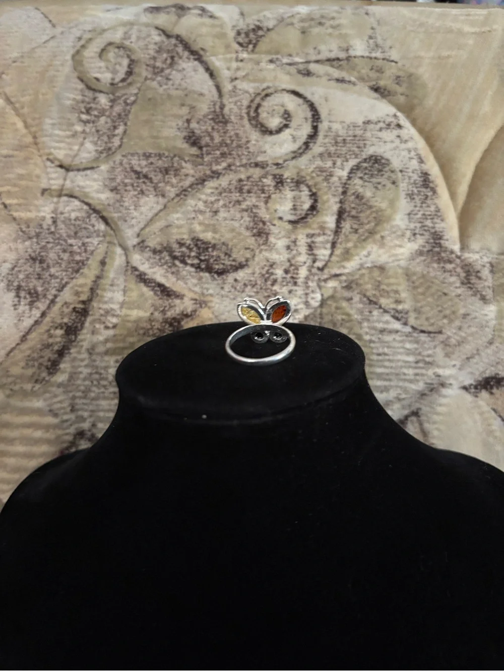 925 Sterling Silver Vintage Multi-Amber Butterfly Ring - Size 6